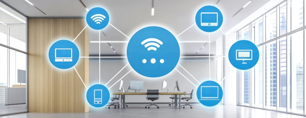 Internet corporativa premium em escritório moderno com rede Wi-Fi de alta performance conectando múltiplos dispositivos